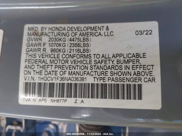 Photo 8 VIN: 1HGCV1F36NA036381 - HONDA ACCORD 