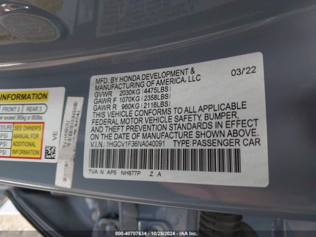 Photo 8 VIN: 1HGCV1F36NA040091 - HONDA ACCORD 