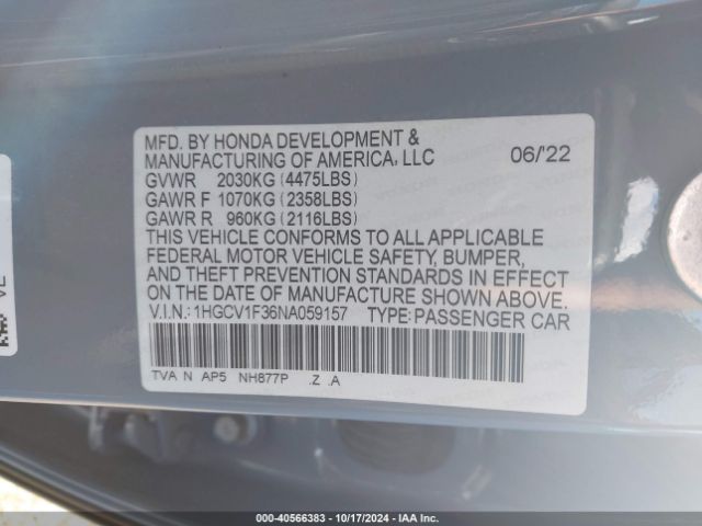 Photo 8 VIN: 1HGCV1F36NA059157 - HONDA ACCORD 