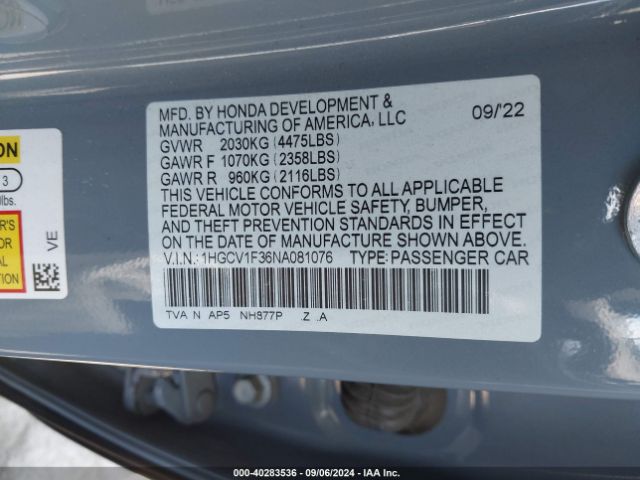 Photo 8 VIN: 1HGCV1F36NA081076 - HONDA ACCORD 