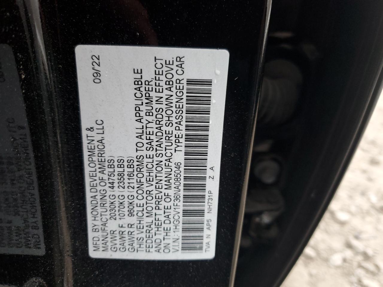 Photo 12 VIN: 1HGCV1F36NA085046 - HONDA ACCORD 