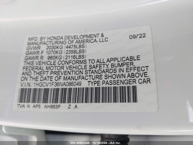 Photo 8 VIN: 1HGCV1F36NA086049 - HONDA ACCORD 