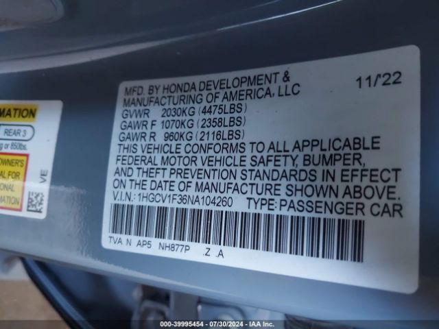 Photo 8 VIN: 1HGCV1F36NA104260 - HONDA ACCORD 