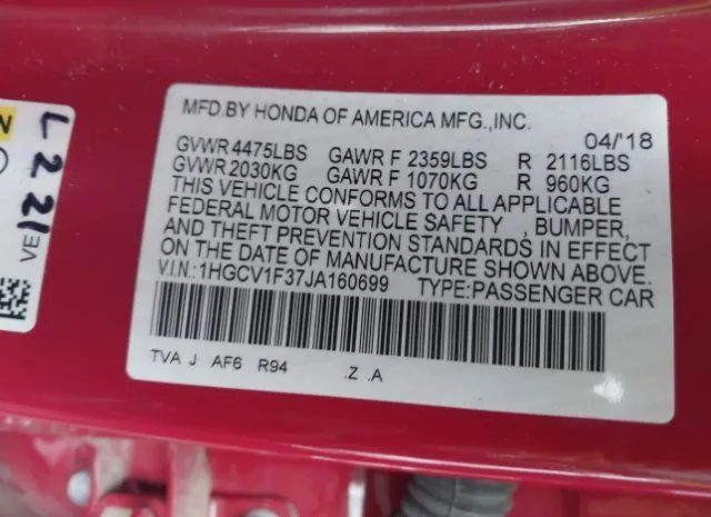 Photo 8 VIN: 1HGCV1F37JA160699 - HONDA ACCORD 