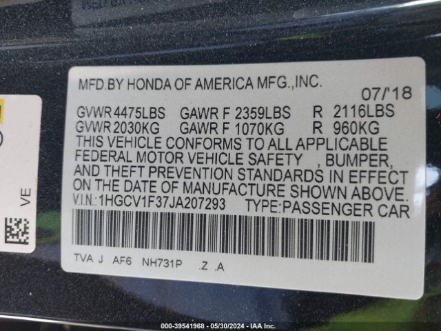 Photo 8 VIN: 1HGCV1F37JA207293 - HONDA ACCORD 