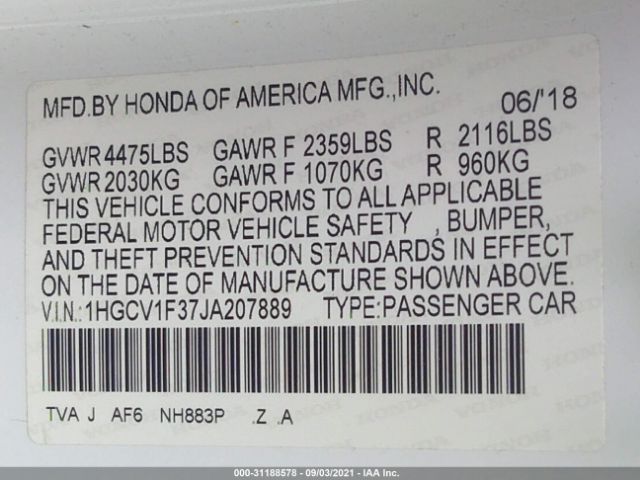 Photo 8 VIN: 1HGCV1F37JA207889 - HONDA ACCORD SEDAN 