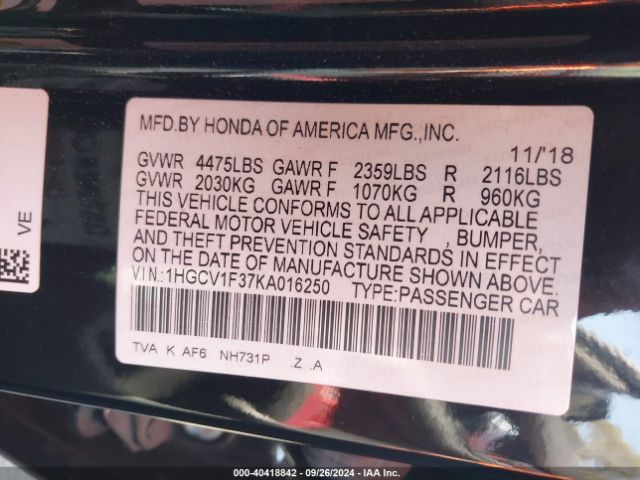 Photo 8 VIN: 1HGCV1F37KA016250 - HONDA ACCORD 