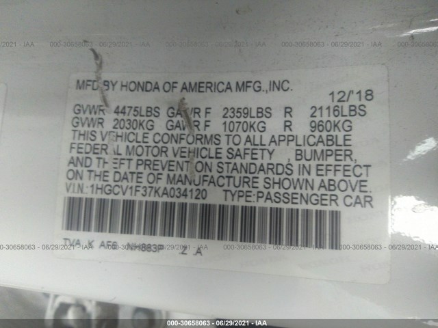 Photo 8 VIN: 1HGCV1F37KA034120 - HONDA ACCORD SEDAN 