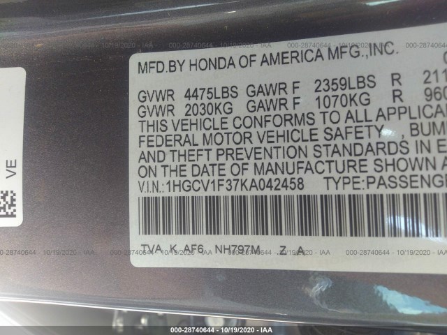 Photo 8 VIN: 1HGCV1F37KA042458 - HONDA ACCORD SEDAN 