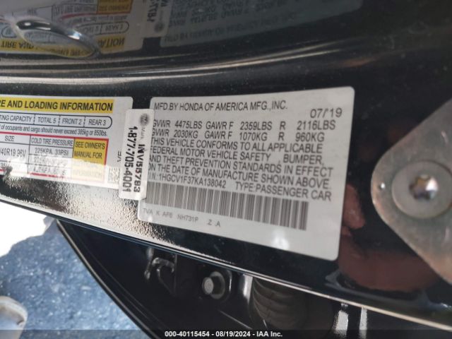 Photo 8 VIN: 1HGCV1F37KA138042 - HONDA ACCORD 