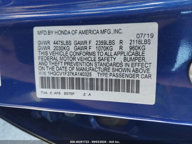 Photo 8 VIN: 1HGCV1F37KA140325 - HONDA ACCORD 