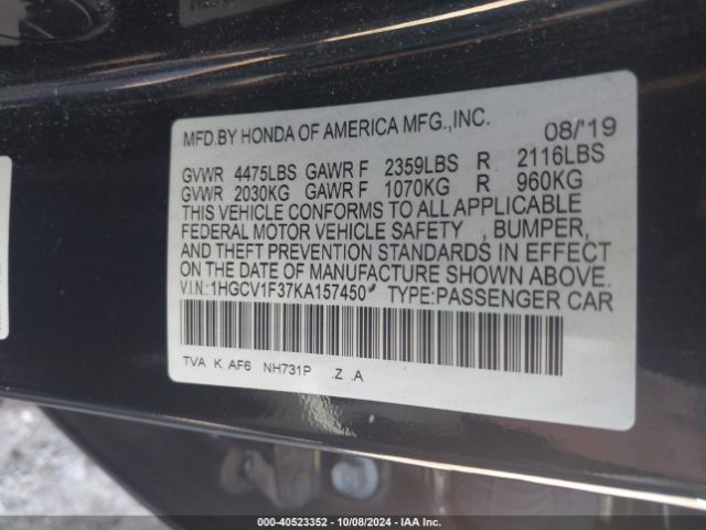 Photo 8 VIN: 1HGCV1F37KA157450 - HONDA ACCORD 