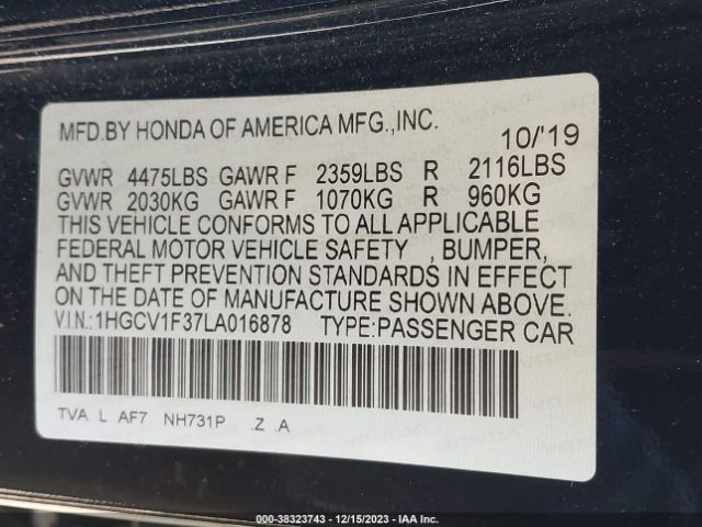 Photo 8 VIN: 1HGCV1F37LA016878 - HONDA ACCORD 