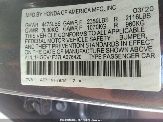 Photo 8 VIN: 1HGCV1F37LA076420 - HONDA ACCORD SEDAN 