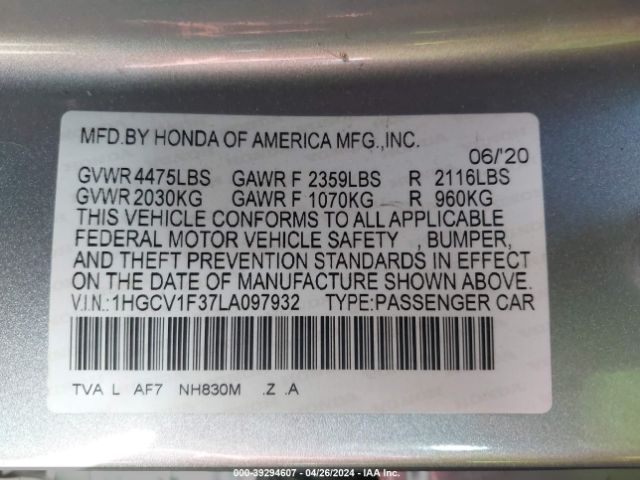 Photo 8 VIN: 1HGCV1F37LA097932 - HONDA ACCORD 