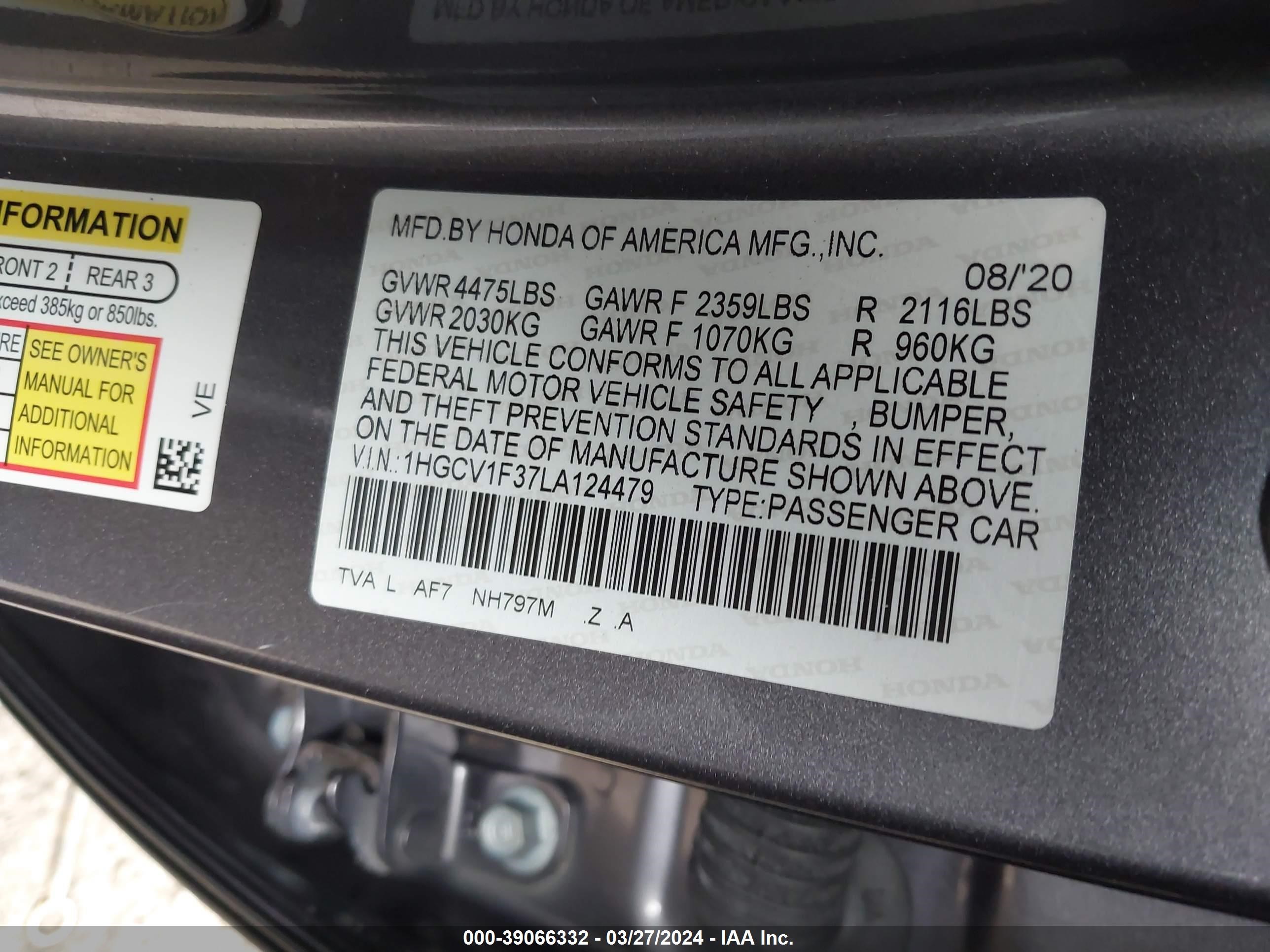 Photo 8 VIN: 1HGCV1F37LA124479 - HONDA ACCORD 