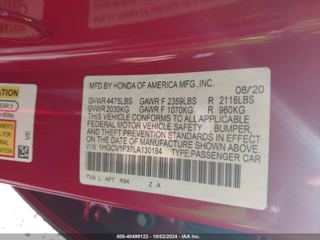 Photo 8 VIN: 1HGCV1F37LA130184 - HONDA ACCORD 