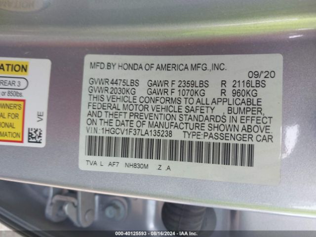 Photo 8 VIN: 1HGCV1F37LA135238 - HONDA ACCORD 