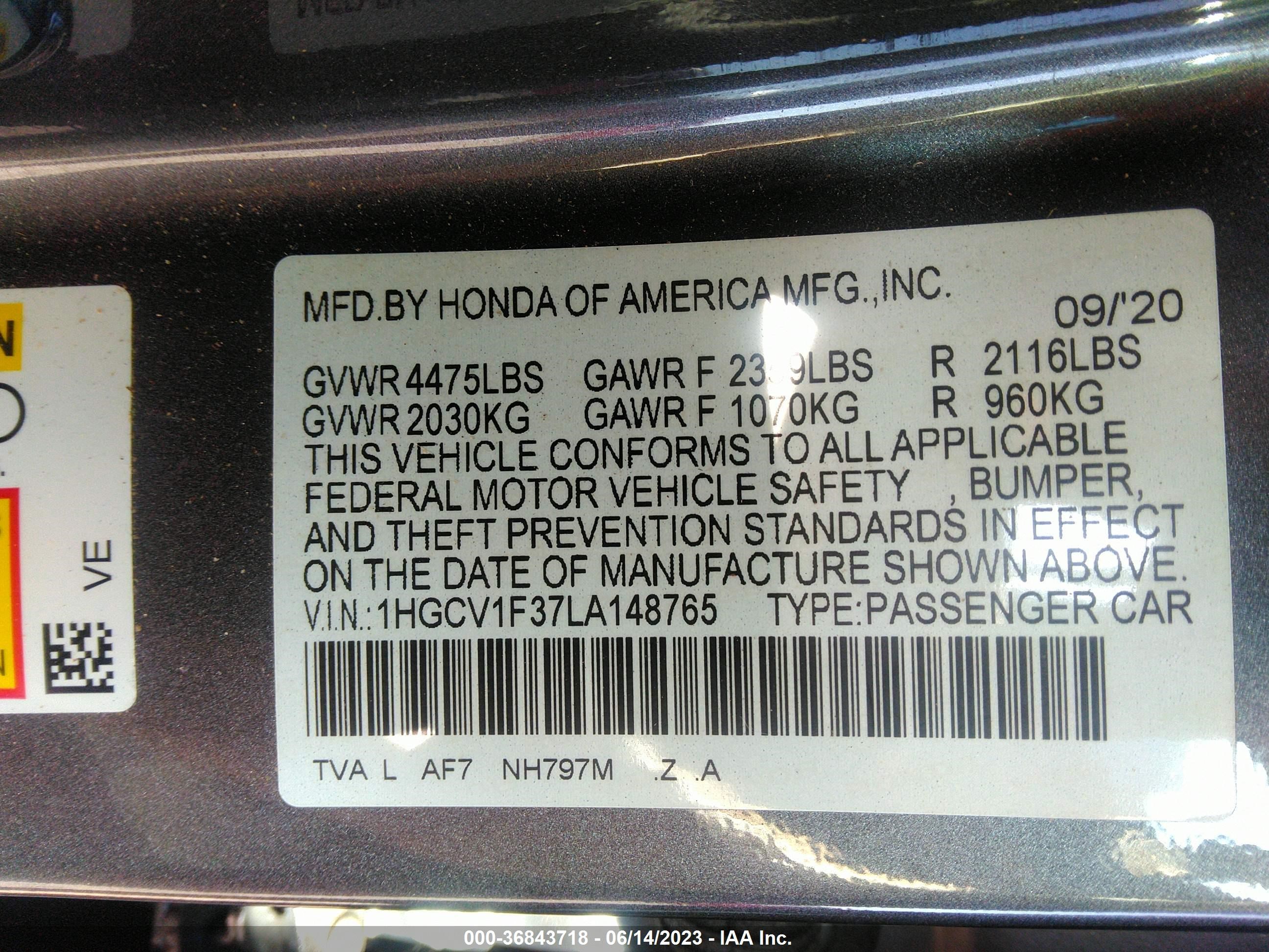 Photo 8 VIN: 1HGCV1F37LA148765 - HONDA ACCORD 