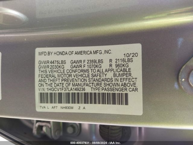 Photo 8 VIN: 1HGCV1F37LA149236 - HONDA ACCORD 