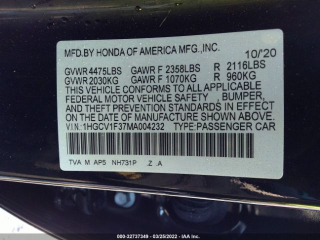 Photo 8 VIN: 1HGCV1F37MA004232 - HONDA ACCORD SEDAN 