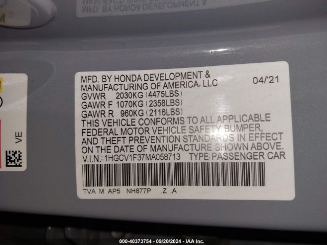 Photo 8 VIN: 1HGCV1F37MA058713 - HONDA ACCORD 