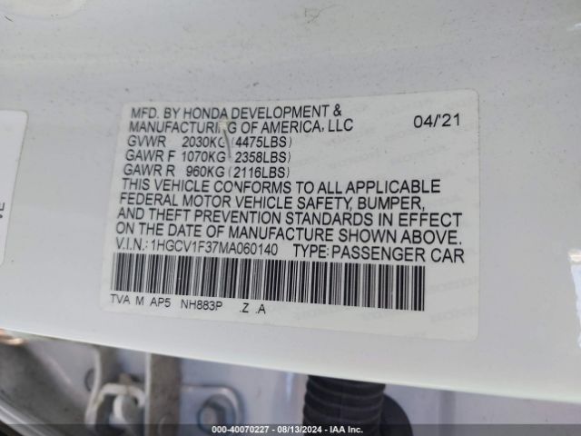 Photo 8 VIN: 1HGCV1F37MA060140 - HONDA ACCORD 