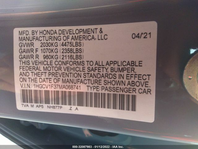 Photo 8 VIN: 1HGCV1F37MA068741 - HONDA ACCORD SEDAN 