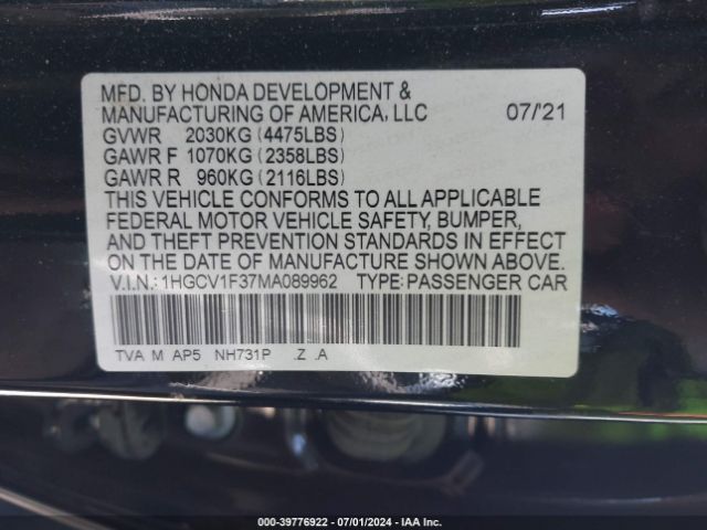 Photo 8 VIN: 1HGCV1F37MA089962 - HONDA ACCORD 