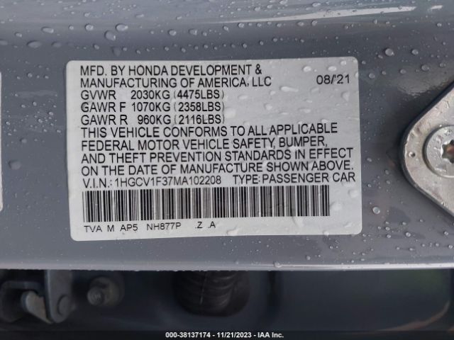 Photo 8 VIN: 1HGCV1F37MA102208 - HONDA ACCORD 