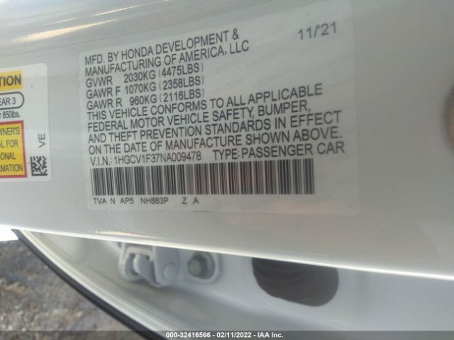 Photo 8 VIN: 1HGCV1F37NA009478 - HONDA ACCORD SEDAN 