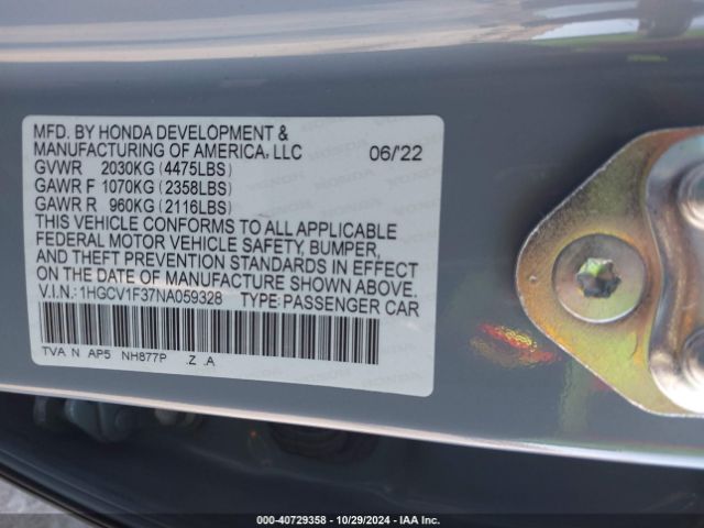 Photo 8 VIN: 1HGCV1F37NA059328 - HONDA ACCORD 