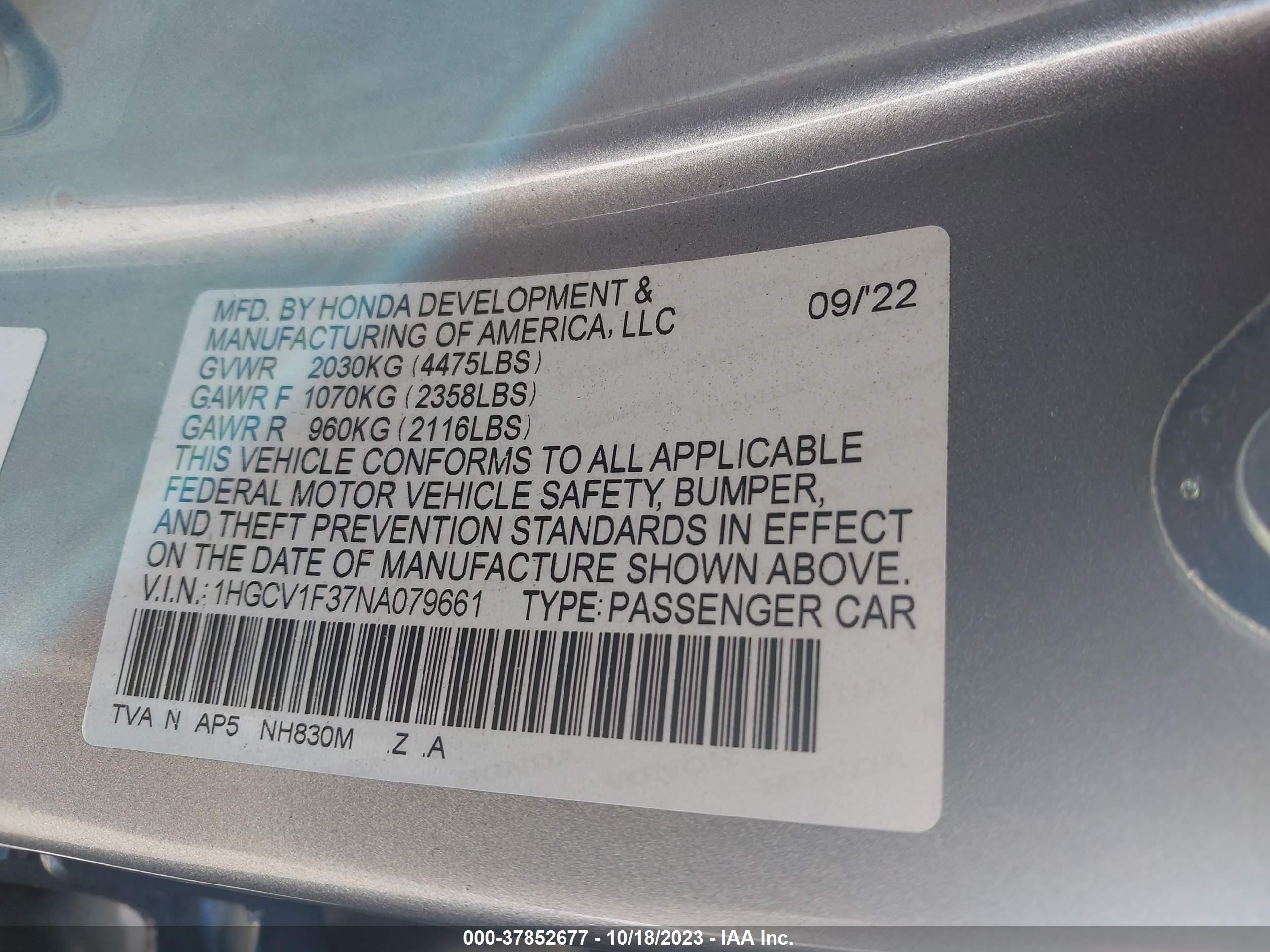 Photo 8 VIN: 1HGCV1F37NA079661 - HONDA ACCORD 