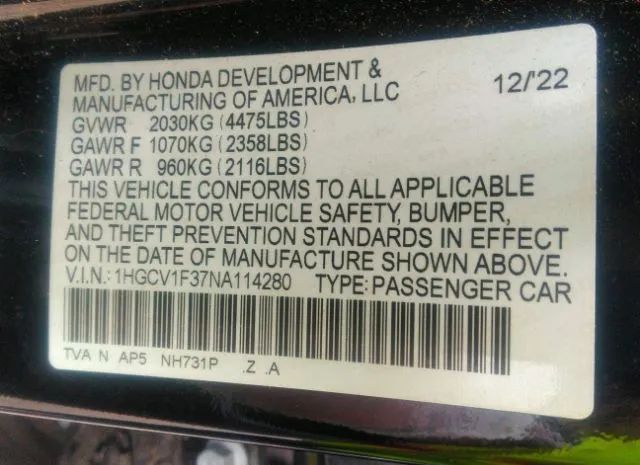 Photo 8 VIN: 1HGCV1F37NA114280 - HONDA ACCORD SEDAN 