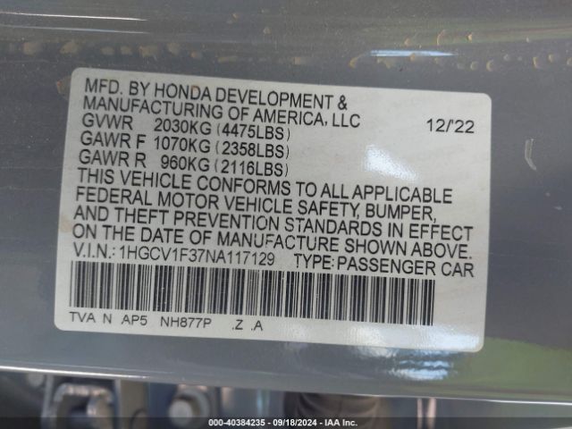 Photo 8 VIN: 1HGCV1F37NA117129 - HONDA ACCORD 