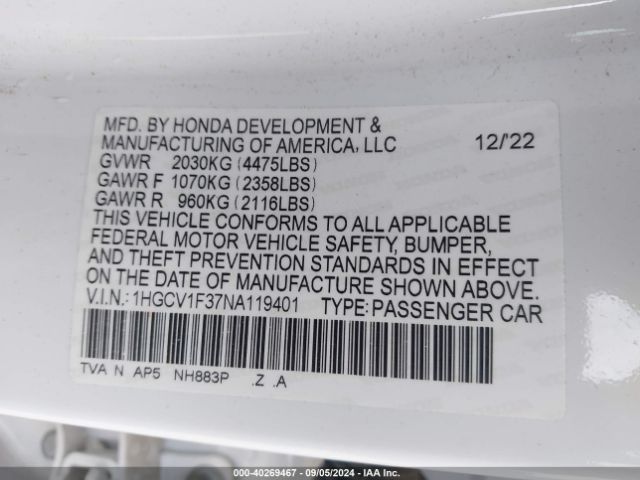 Photo 8 VIN: 1HGCV1F37NA119401 - HONDA ACCORD 