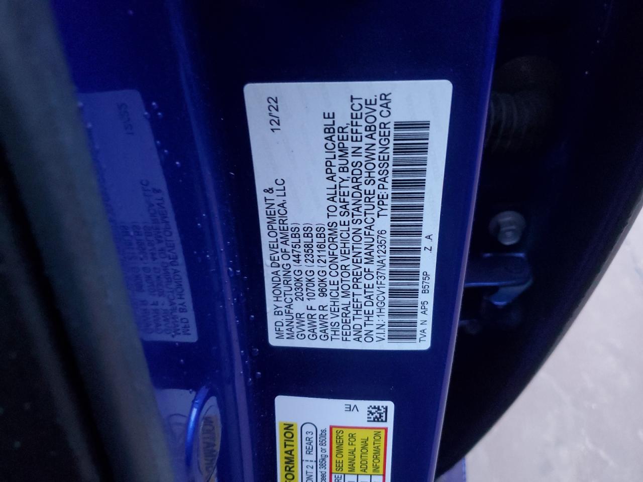 Photo 12 VIN: 1HGCV1F37NA123576 - HONDA ACCORD 