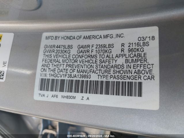 Photo 8 VIN: 1HGCV1F38JA139893 - HONDA ACCORD 