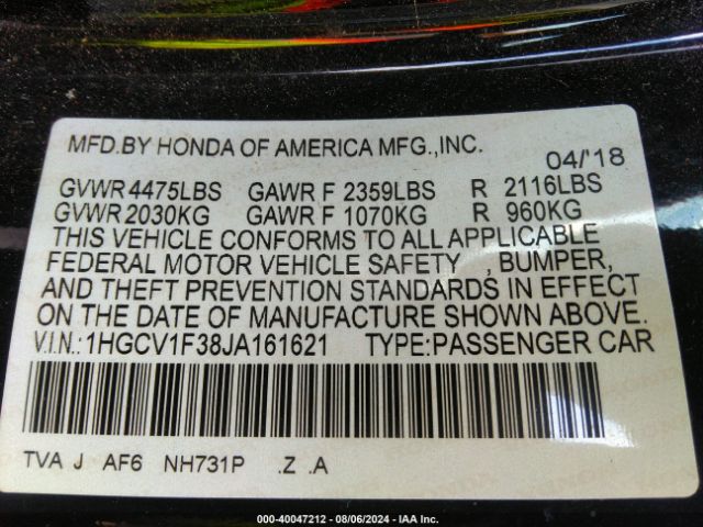 Photo 8 VIN: 1HGCV1F38JA161621 - HONDA ACCORD 