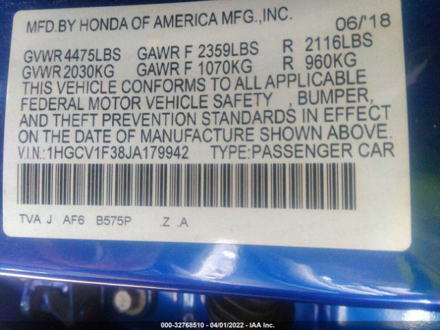 Photo 8 VIN: 1HGCV1F38JA179942 - HONDA ACCORD SEDAN 