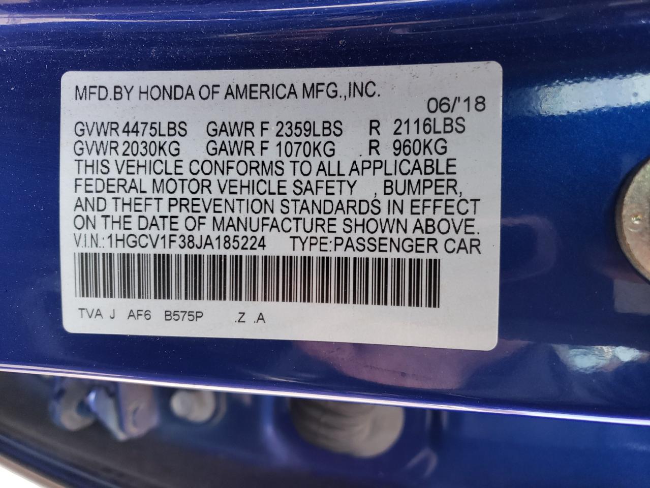 Photo 12 VIN: 1HGCV1F38JA185224 - HONDA ACCORD 