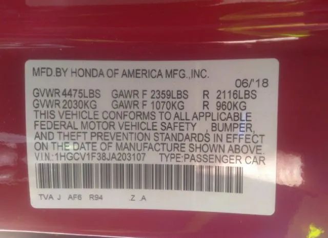 Photo 8 VIN: 1HGCV1F38JA203107 - HONDA ACCORD SEDAN 