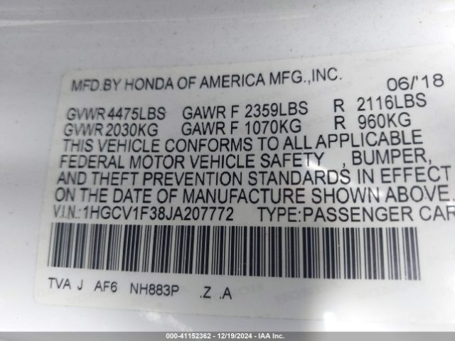 Photo 8 VIN: 1HGCV1F38JA207772 - HONDA ACCORD 