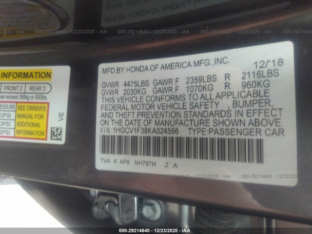 Photo 8 VIN: 1HGCV1F38KA024566 - HONDA ACCORD SEDAN 