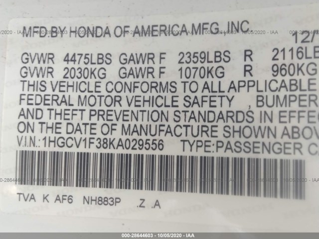 Photo 8 VIN: 1HGCV1F38KA029556 - HONDA ACCORD SEDAN 