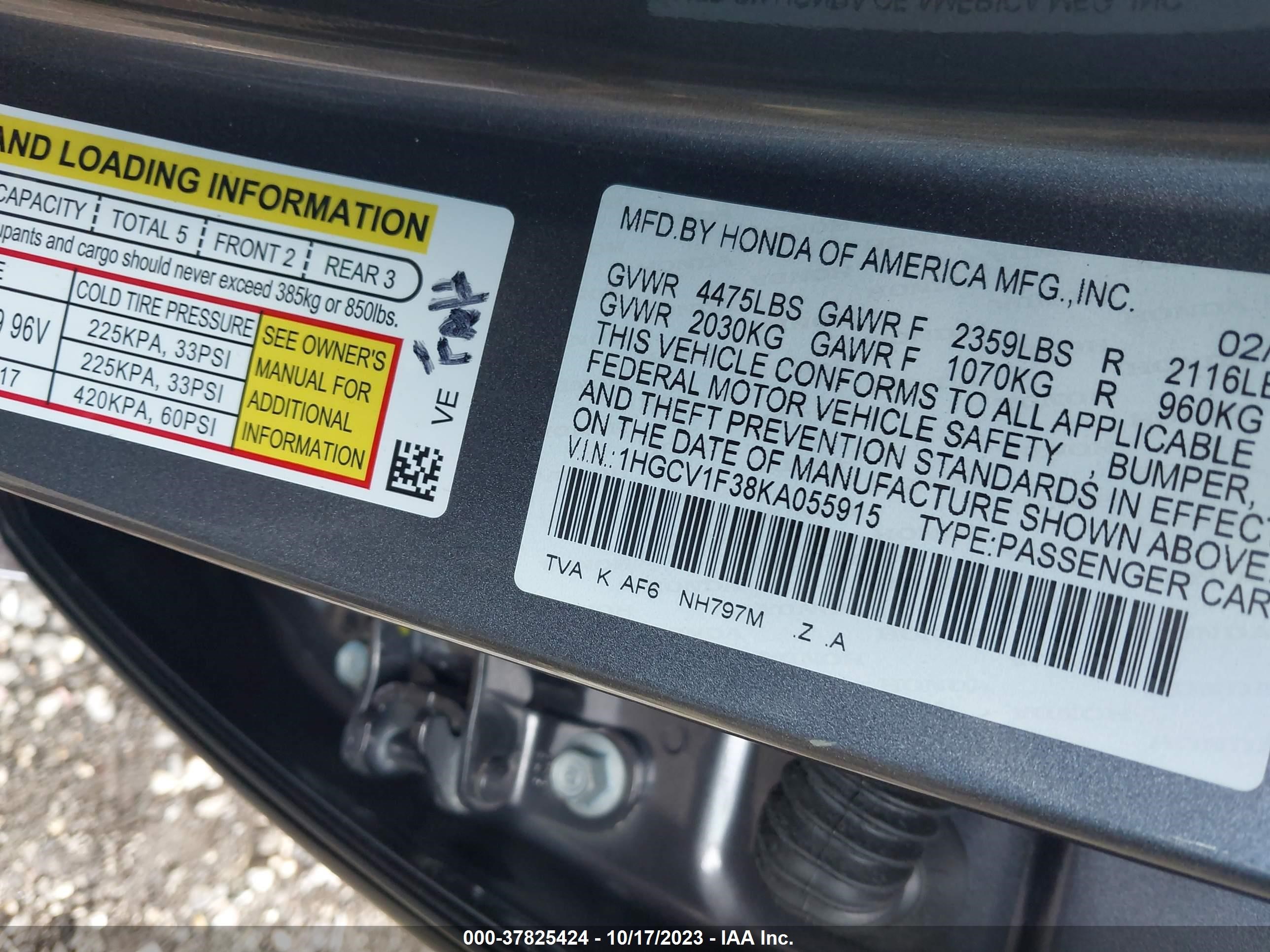 Photo 8 VIN: 1HGCV1F38KA055915 - HONDA ACCORD 