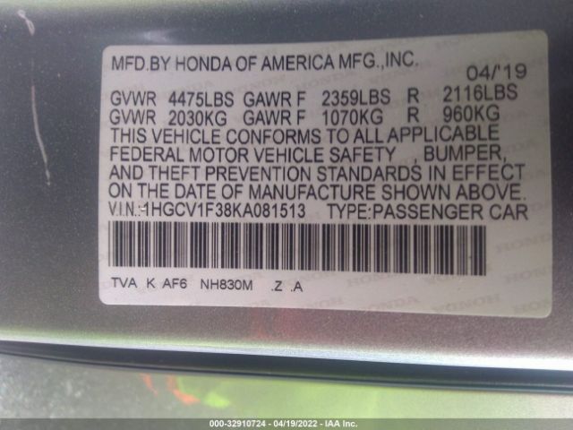 Photo 8 VIN: 1HGCV1F38KA081513 - HONDA ACCORD SEDAN 