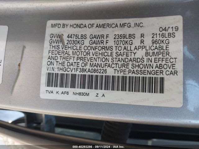 Photo 8 VIN: 1HGCV1F38KA086226 - HONDA ACCORD 