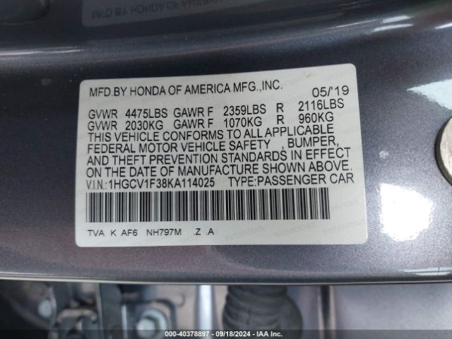 Photo 8 VIN: 1HGCV1F38KA114025 - HONDA ACCORD 