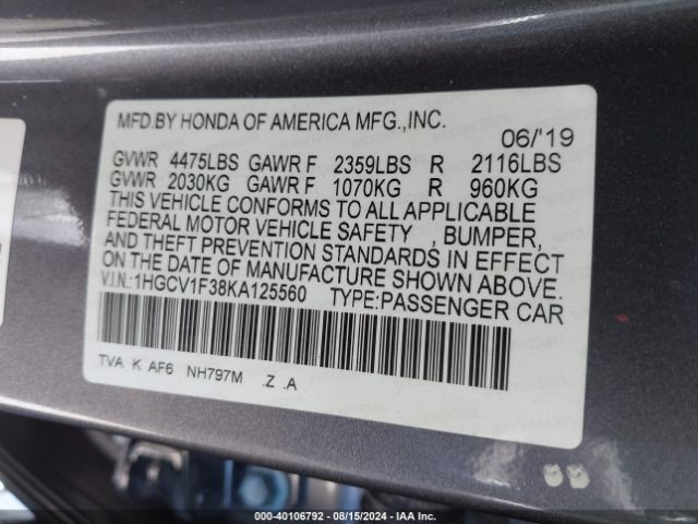 Photo 8 VIN: 1HGCV1F38KA125560 - HONDA ACCORD 